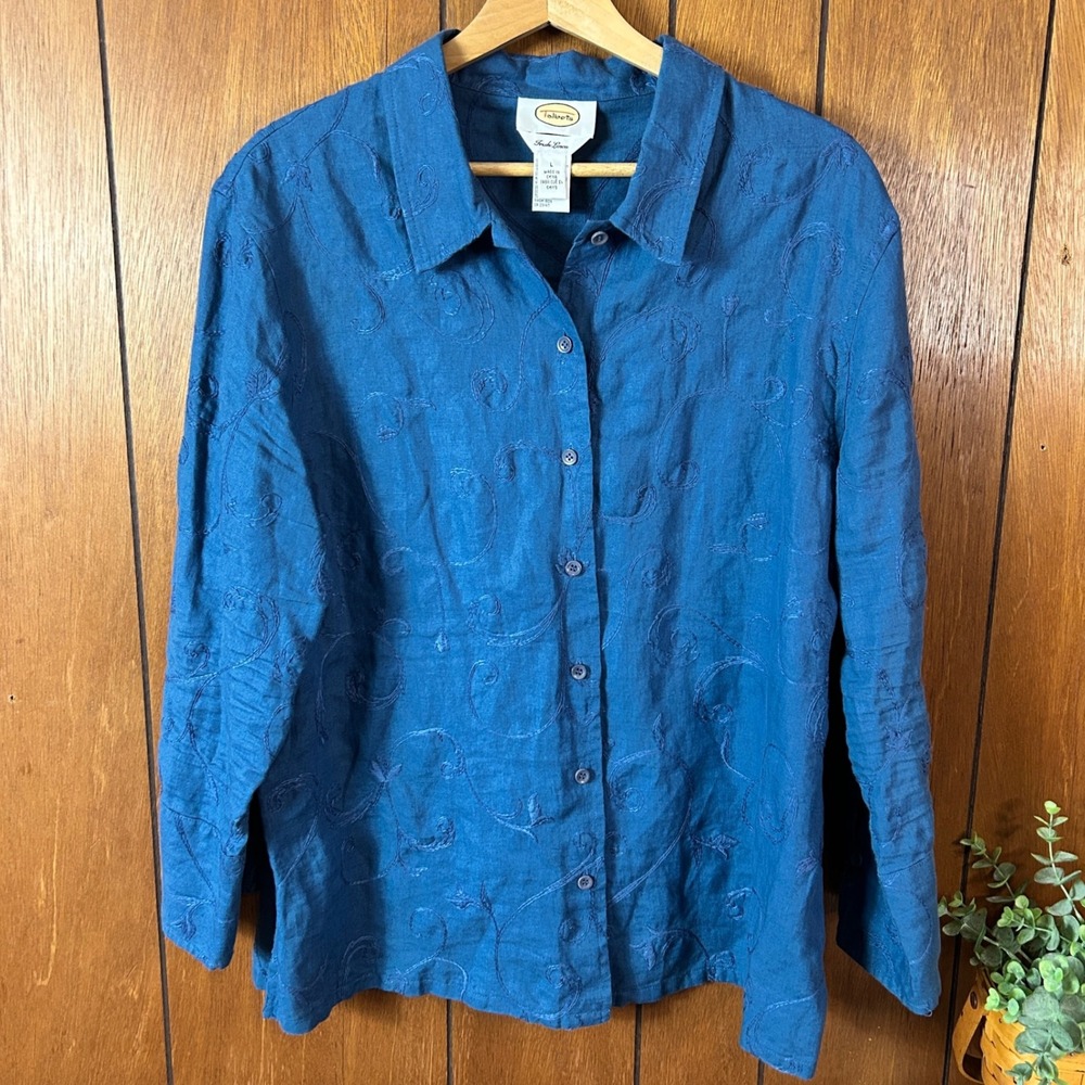 Vintage Talbots Irish Linen Embroidered Blue Button Down Shirt Top Cottage‎